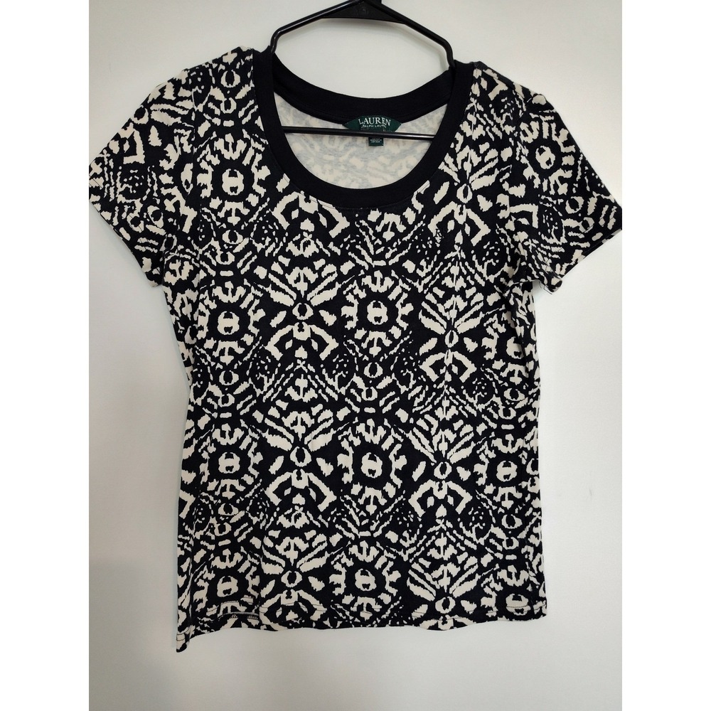 Lauren Ralph Lauren Womens Black White Ikat Print Cotton Scoop Neck T-Shirt M